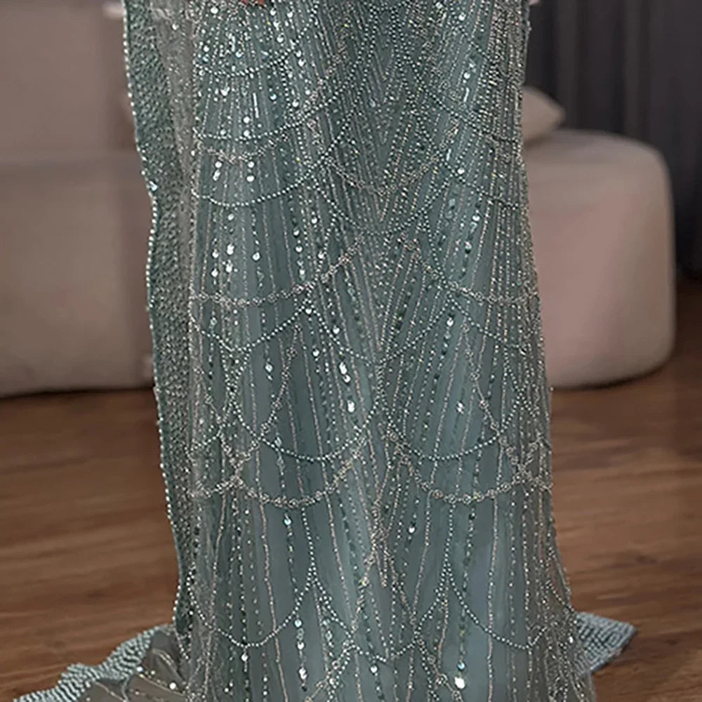 Luxury Dubai Blue Mermaid Cape Sleeve Beaded Evening Gown LA72160A - SERENE HILL