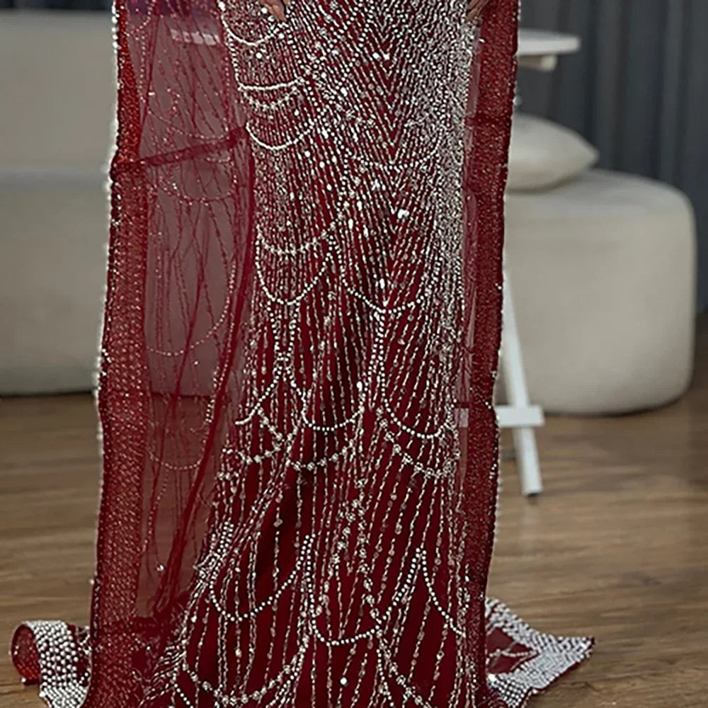 Luxury Dubai Blue Mermaid Cape Sleeve Beaded Evening Gown LA72160A - SERENE HILL