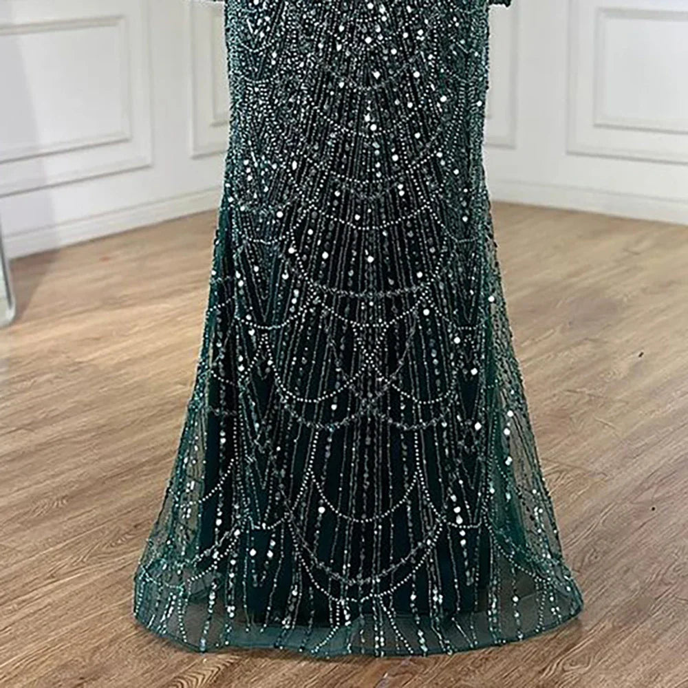 Luxury Dubai Blue Mermaid Cape Sleeve Beaded Evening Gown LA72160A - SERENE HILL