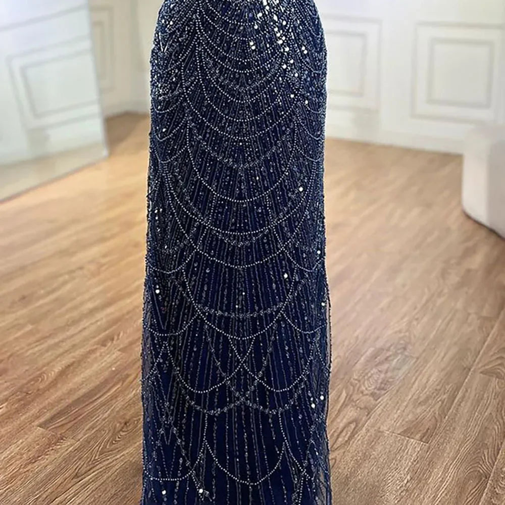 Luxury Dubai Blue Mermaid Cape Sleeve Beaded Evening Gown LA72160A - SERENE HILL