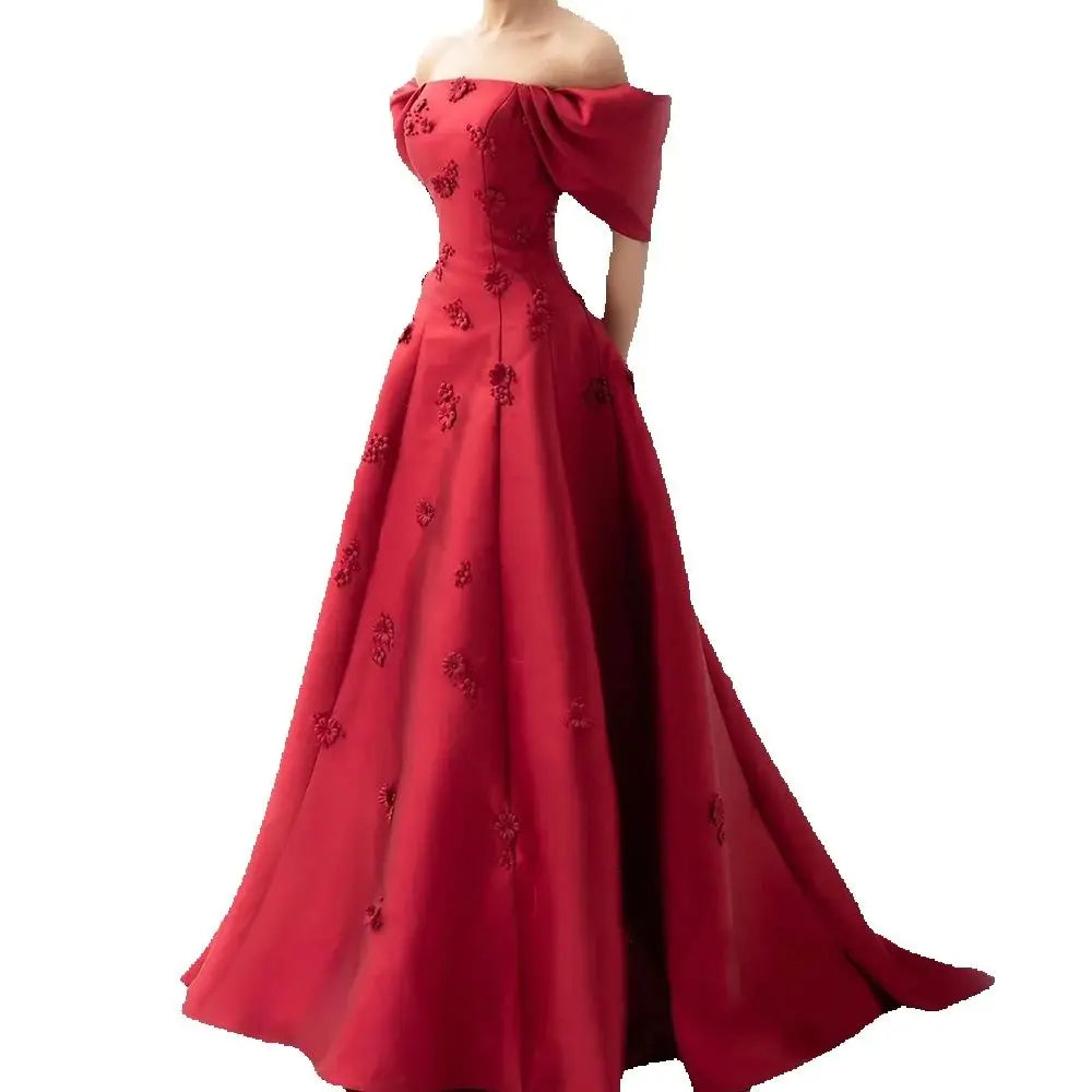 Luxury Dubai Saudi Arabia Elegant Off-Shoulder Wine Red A Line Evening Dress with Appliques Gown for Formal Occasion LA72778 - SERENE HILL