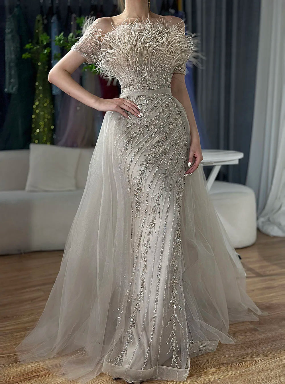 Luxury Dubai Saudi Arabic Beaded Caramel Mermaid Elegant Evening Dresses Gowns with Overskirt for Formal Occasion LA71634A - SERENE HILL