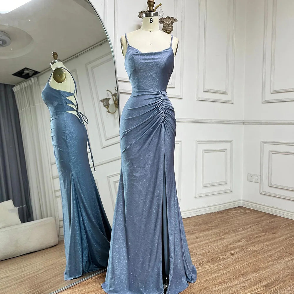 Luxury Dubai Saudi Arabic Blue Elegant Spaghetti Strap Mermaid Long Evening Gown with Split for Formal Occasion LA72720 - SERENE HILL