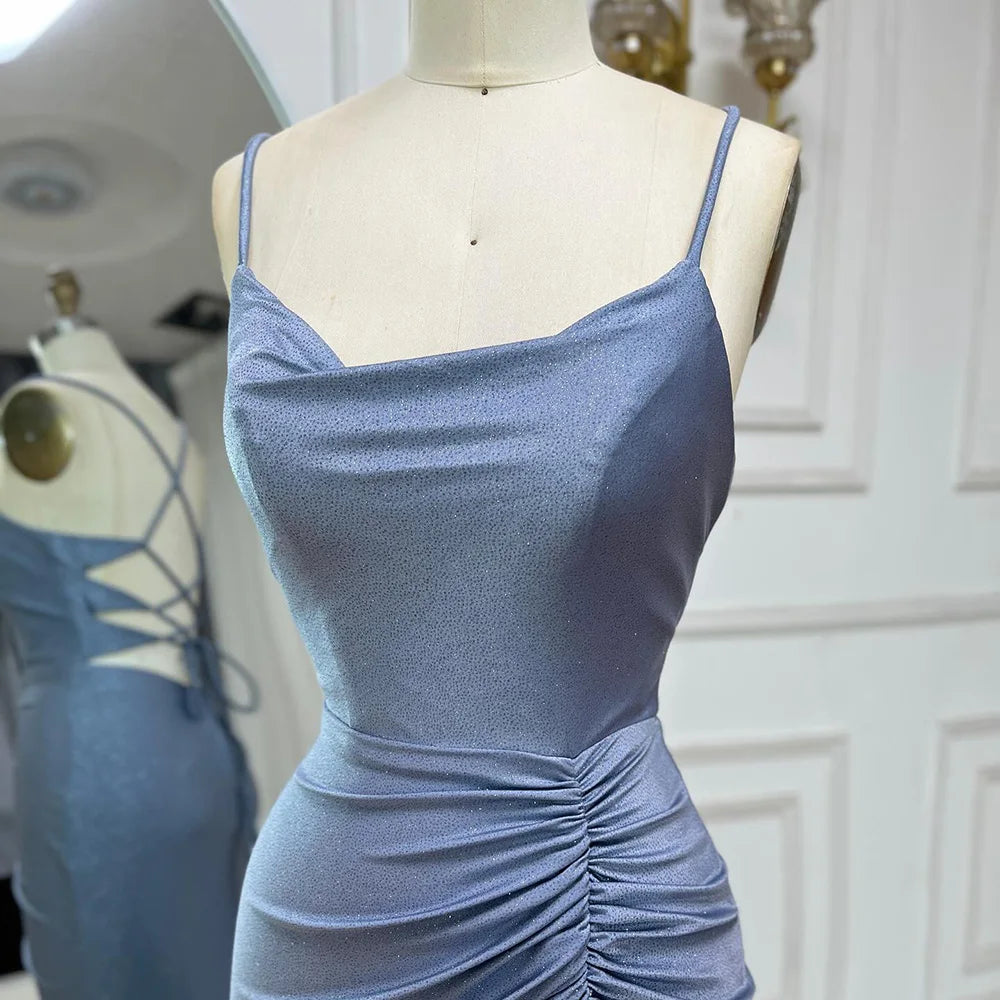 Luxury Dubai Saudi Arabic Blue Elegant Spaghetti Strap Mermaid Long Evening Gown with Split for Formal Occasion LA72720 - SERENE HILL