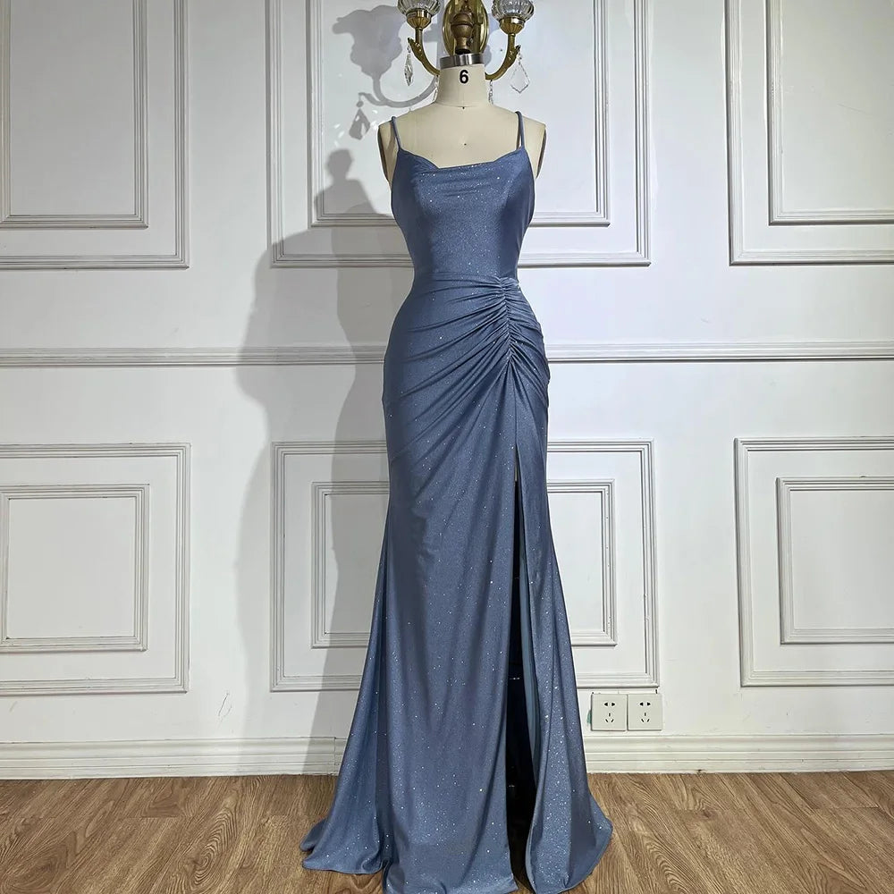 Luxury Dubai Saudi Arabic Blue Elegant Spaghetti Strap Mermaid Long Evening Gown with Split for Formal Occasion LA72720 - SERENE HILL