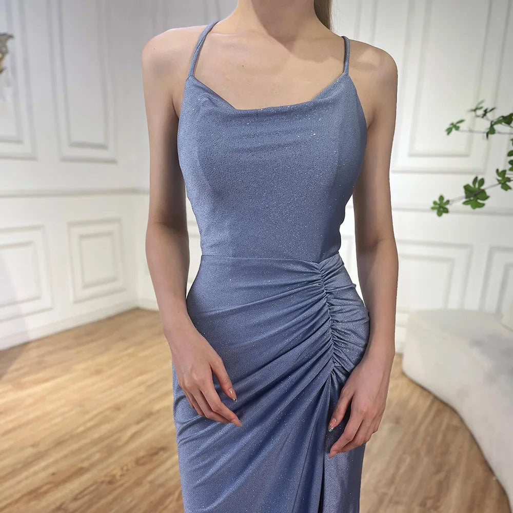 Luxury Dubai Saudi Arabic Blue Elegant Spaghetti Strap Mermaid Long Evening Gown with Split for Formal Occasion LA72720 - SERENE HILL