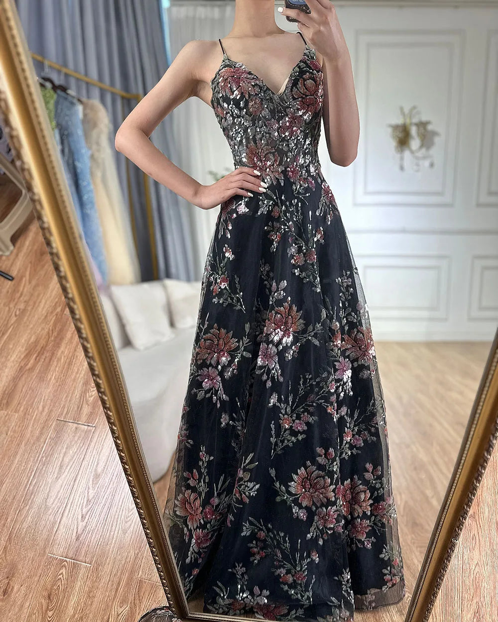 Luxury Dubai Spaghetti Strap A-Line Black Beaded Luxury Prom Dress for Formal Occasion Saudi Arabic LA72773 - SERENE HILL