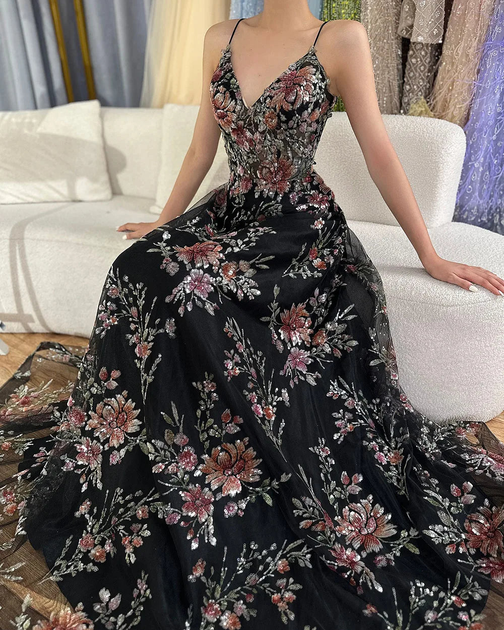 Luxury Dubai Spaghetti Strap A-Line Black Beaded Luxury Prom Dress for Formal Occasion Saudi Arabic LA72773 - SERENE HILL
