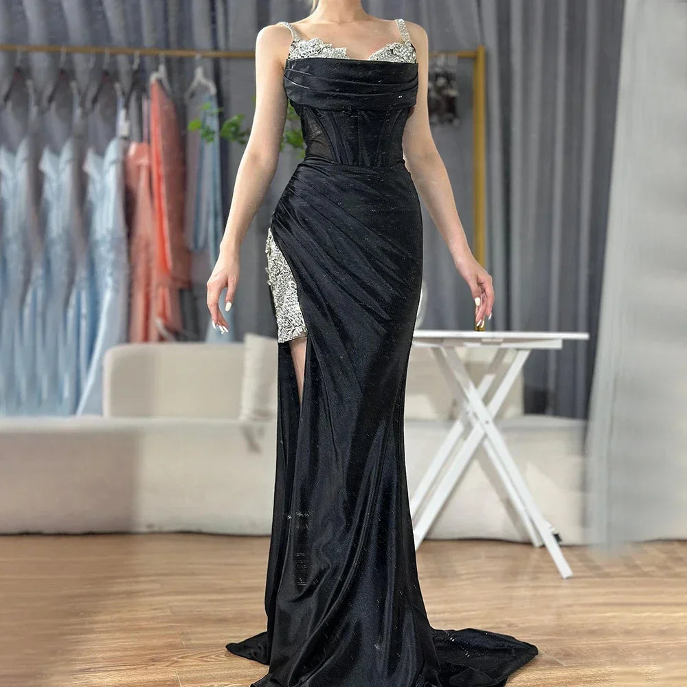 Luxury Dubai Saudi Arabic Spaghetti Strap Wine Red Satin Evening Dress with High Slit for Formal Occasion LA72776 - SERENE HILL