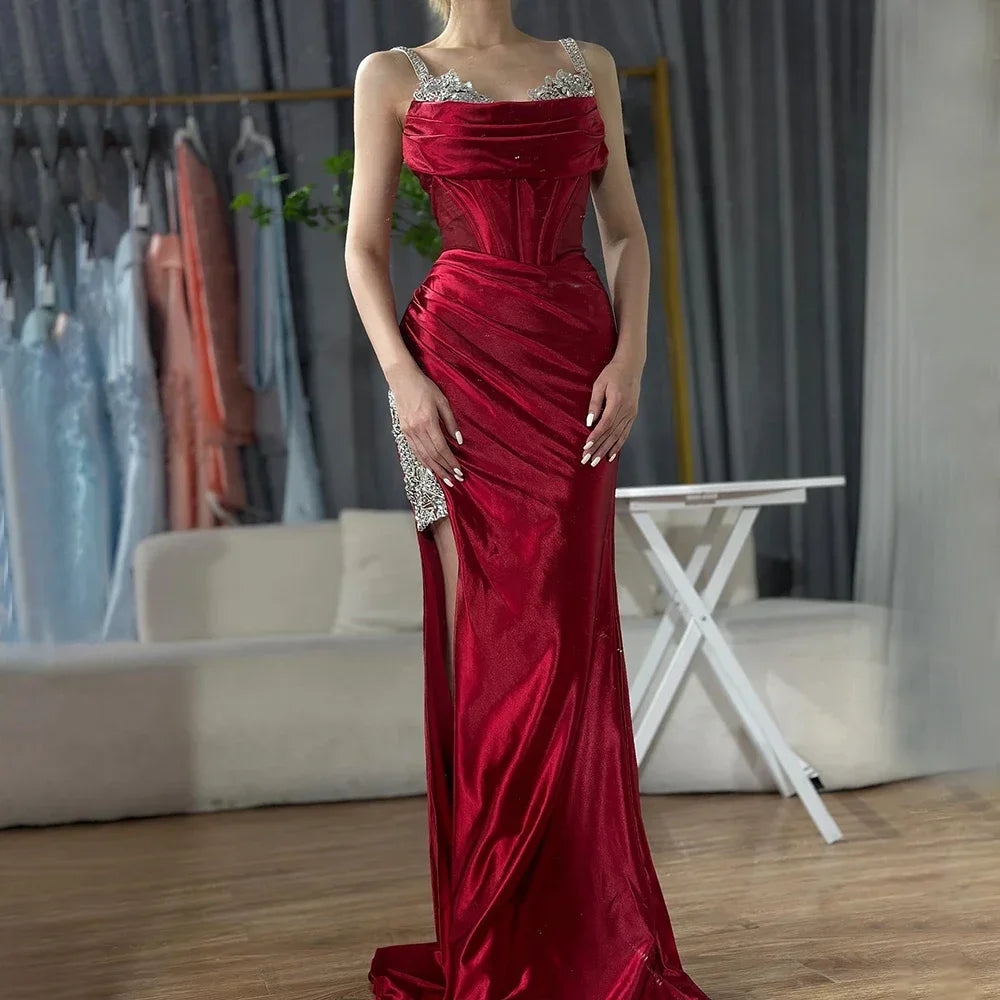 Luxury Dubai Saudi Arabic Spaghetti Strap Wine Red Satin Evening Dress with High Slit for Formal Occasion LA72776 - SERENE HILL