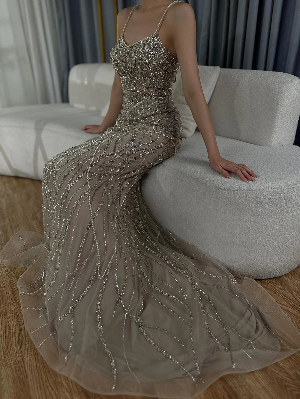 Luxury Dubai Saudi Caramel Beaded Spaghetti Strap Arabic Mermaid Evening Dress Gown for Formal Occasion LA72733 - SERENE HILL