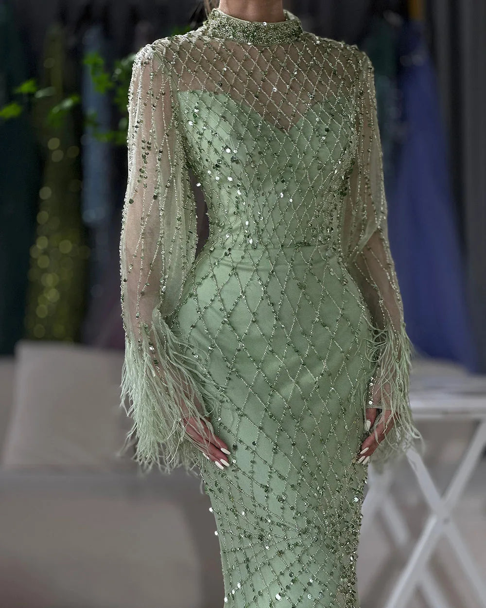 Luxury Dubai Caramel Beaded Feathers Mermaid Evening Dress LA72394A - SERENE HILL