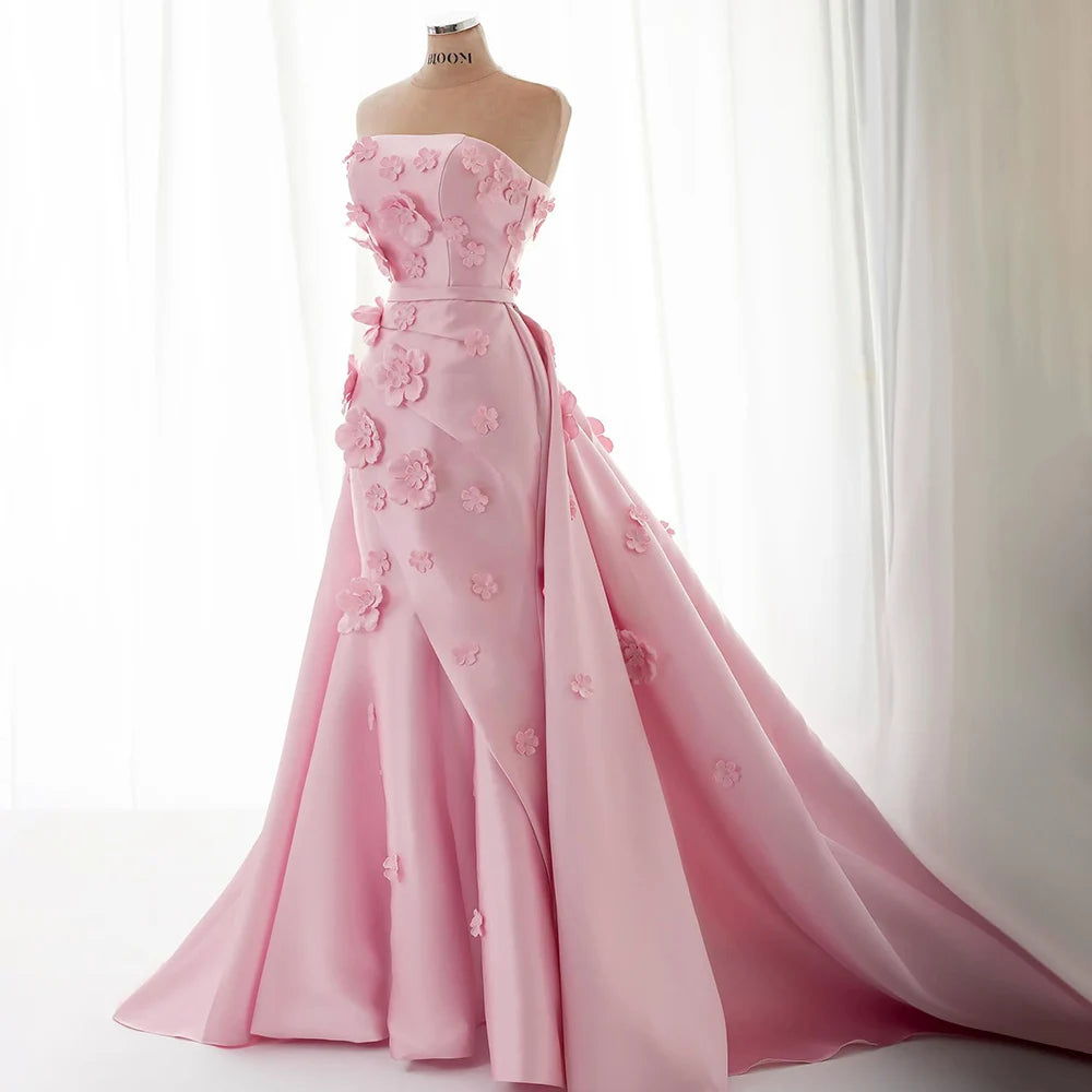 Luxury Dubai Saudi Pink Ruched Appliques Satin Mermaid Evening Dress Gown Lace-Up Back for Formal Occasion LA72740 - SERENE HILL