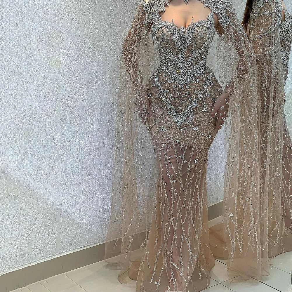 Nude Beaded Crystal Evening Dress with Detachable Cape Sleeves LA72539 –  SERENE HILL