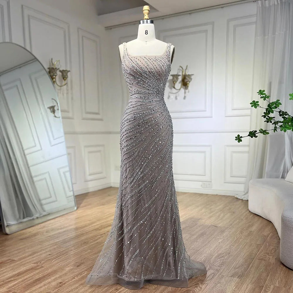 Serene Hill 2025 Sliver Nude Elegant With Cloak Beaded Luxury Evening Dresses Gowns Mermaid for Women Wedding Party LA71380 - SERENE HILL