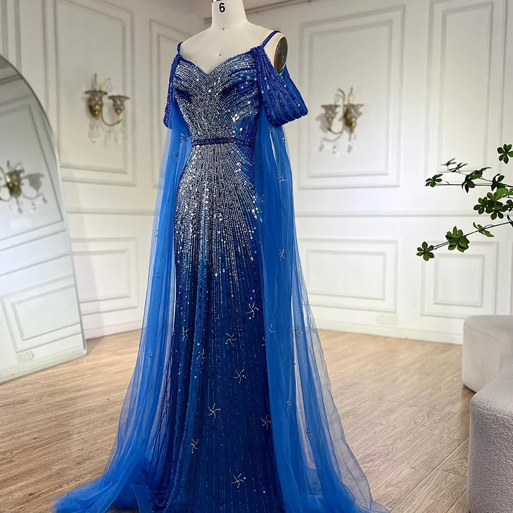 Serene Hill Spaghetti Strap Blue Mermaid Beaded Luxury Evening Dress with Cape Sleeves for Formal Occasion Saudi LA72707 - SERENE HILL