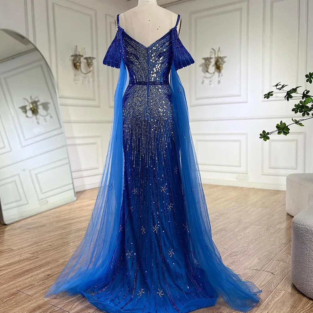 Serene Hill Spaghetti Strap Blue Mermaid Beaded Luxury Evening Dress with Cape Sleeves for Formal Occasion Saudi LA72707 - SERENE HILL