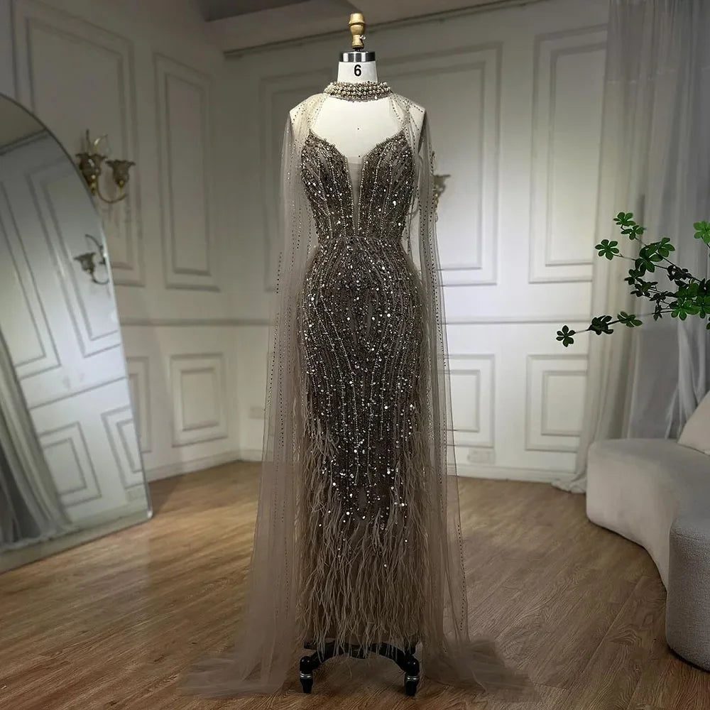 White Nude Beaded Feathers Evening Dress with Cape Sleeves LA72047A - SERENE HILL