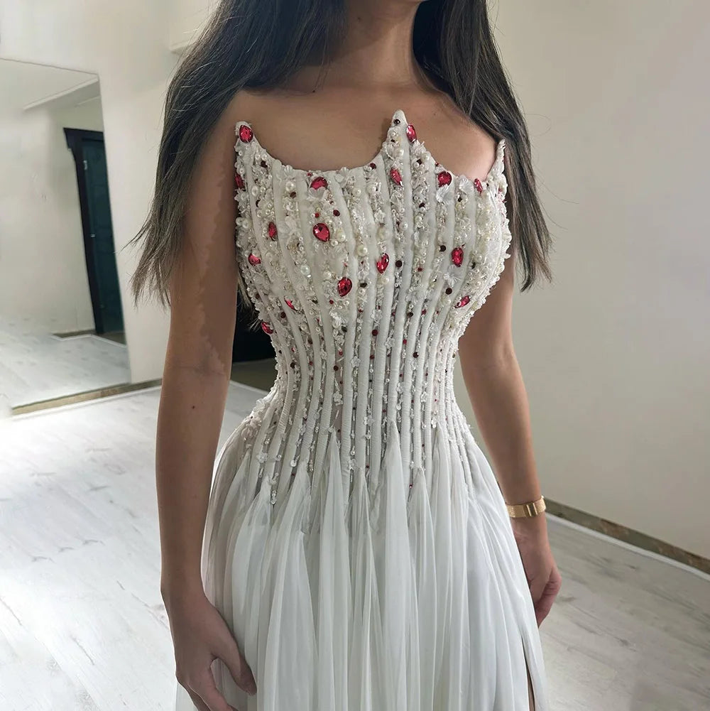 Luxury White Pearl Beaded Evening Dress Double Front Split LA72667 - SERENE HILL
