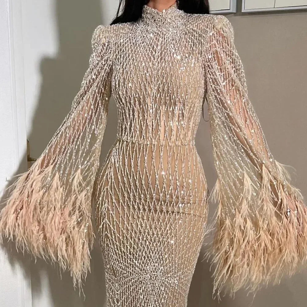 Serene Hill Women Wedding Party Dubai Gowns Nude Illusion Cut Out Lace Beaded Feathers Mermaid Long Evening Dresses LA72394 - SERENE HILL