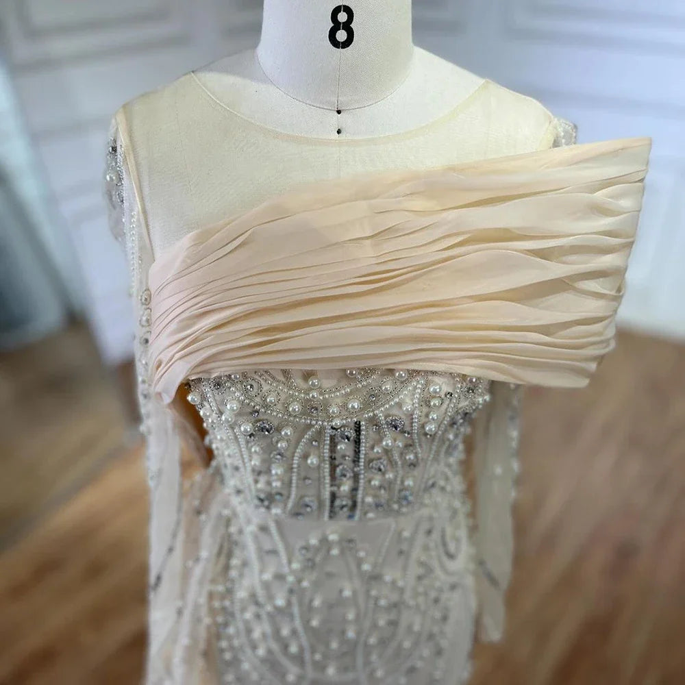Luxury Designer Nude Crystal Mermaid Evening Dress with Overskirt LA72348 - SERENE HILL