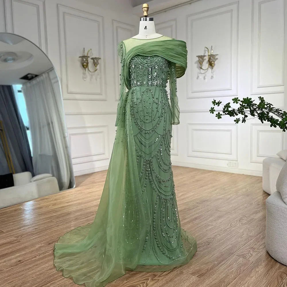 Luxury Designer Nude Crystal Mermaid Evening Dress with Overskirt LA72348 - SERENE HILL