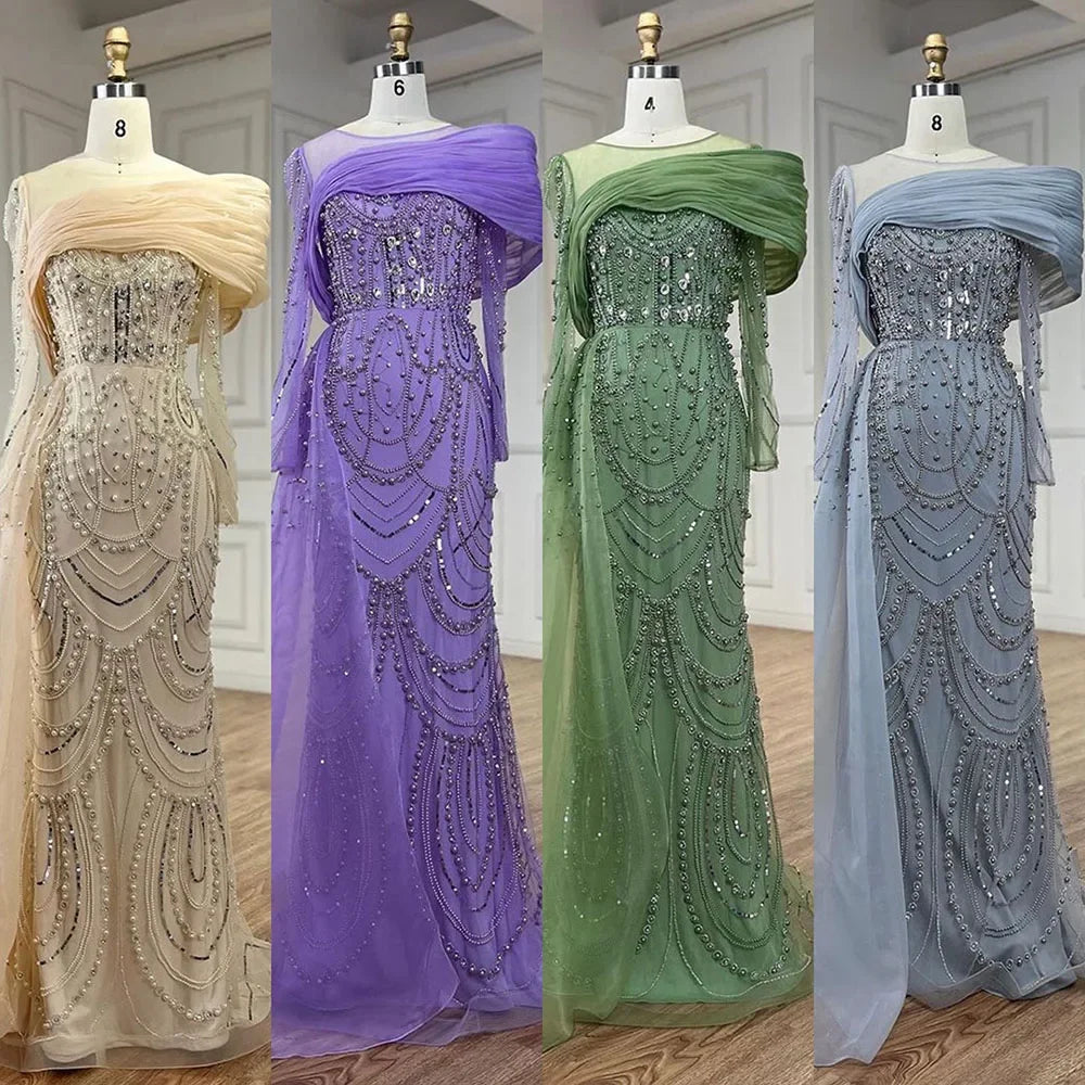 Luxury Designer Nude Crystal Mermaid Evening Dress with Overskirt LA72348 - SERENE HILL