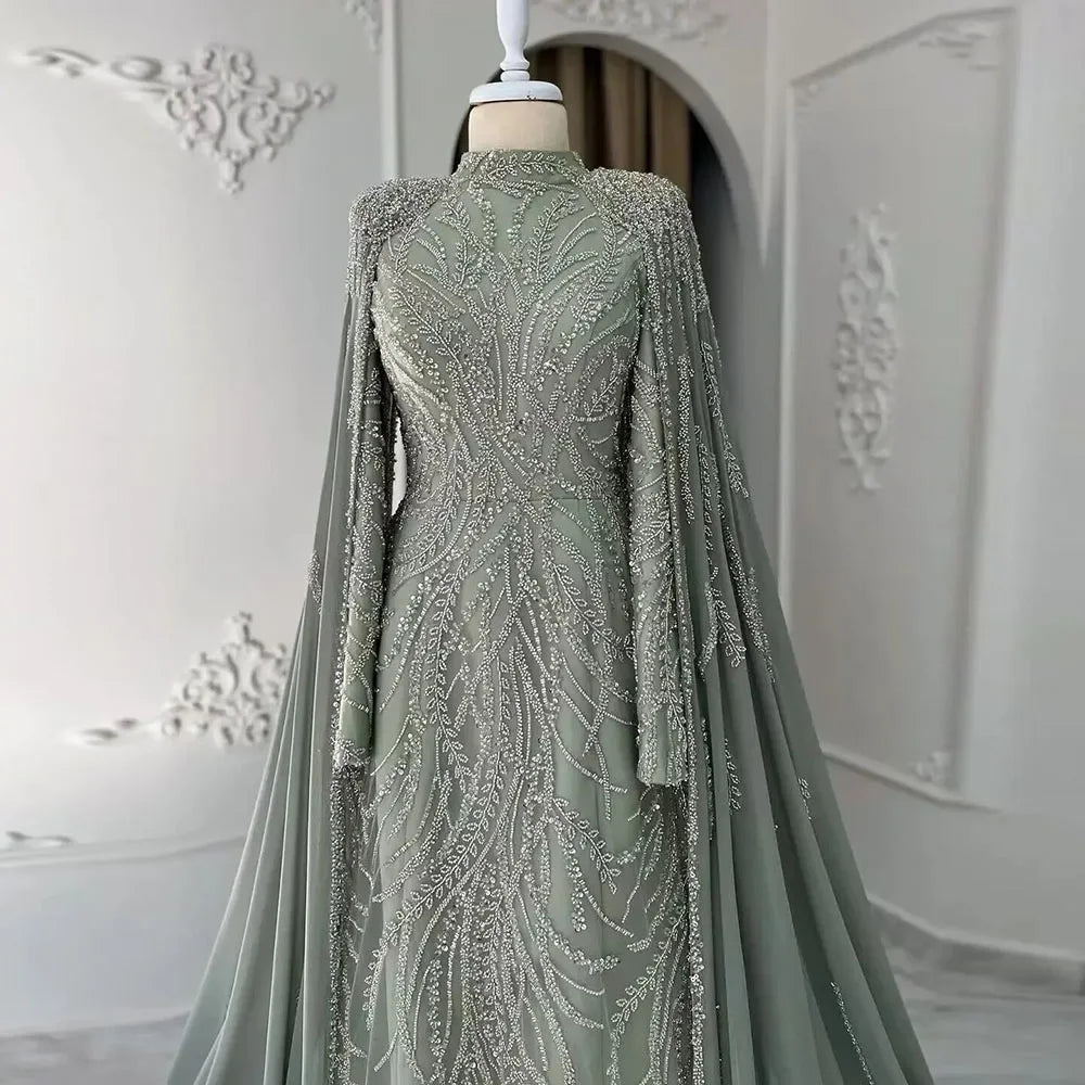 Luxury Dubai muslim Sage Green Mermaid Cape Sleeves Beaded Satin Luxury Evening Dresses Gowns for Women Party LA72413 - SERENE HILL