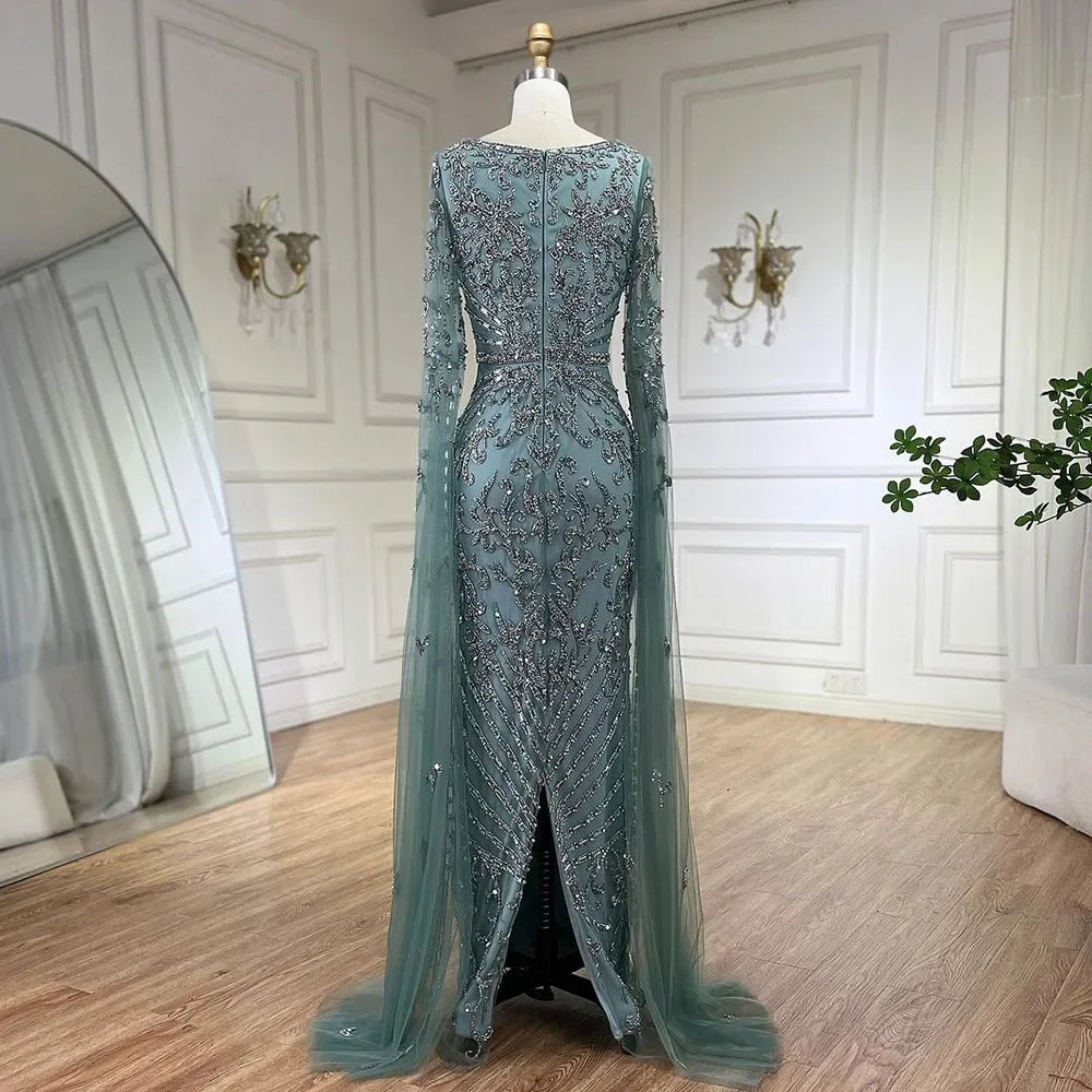 Luxury Dubai Turquoise Evening Dress with Cape Sleeves LA72400 - SERENE HILL