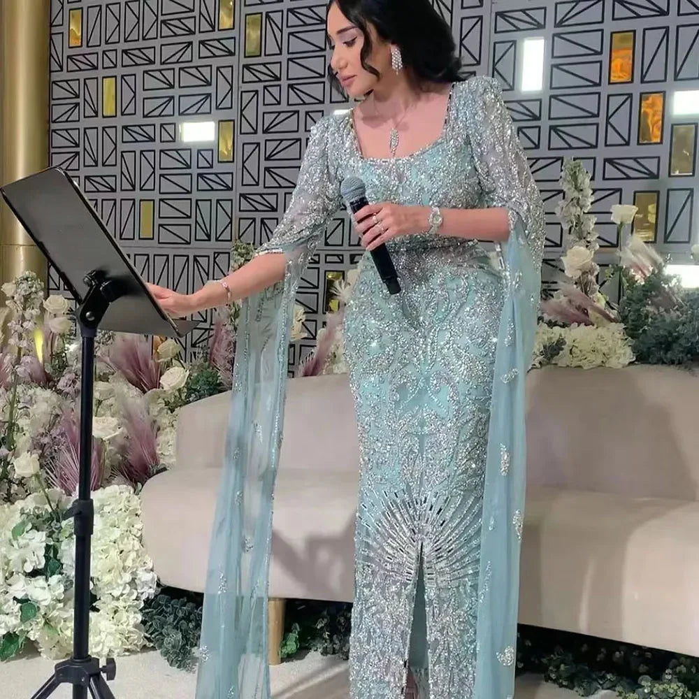 turquoise dresses women Luxury Dubai Turquoise Evening Dress with Cape Sleeves LA72400 White / 2