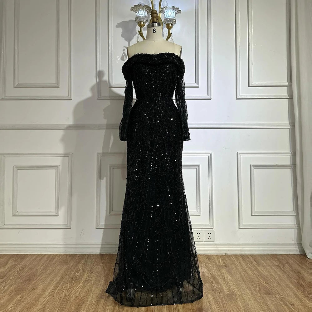 Luxury Dubai Black Off-Shoulder Beaded Evening Gown with Detachable Satin Overskirt for Formal Occasion LA72254B - SERENE HILL