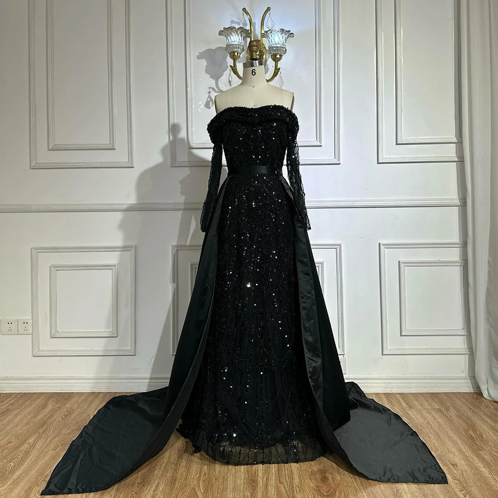 Luxury Dubai Black Off-Shoulder Beaded Evening Gown with Detachable Satin Overskirt for Formal Occasion LA72254B - SERENE HILL