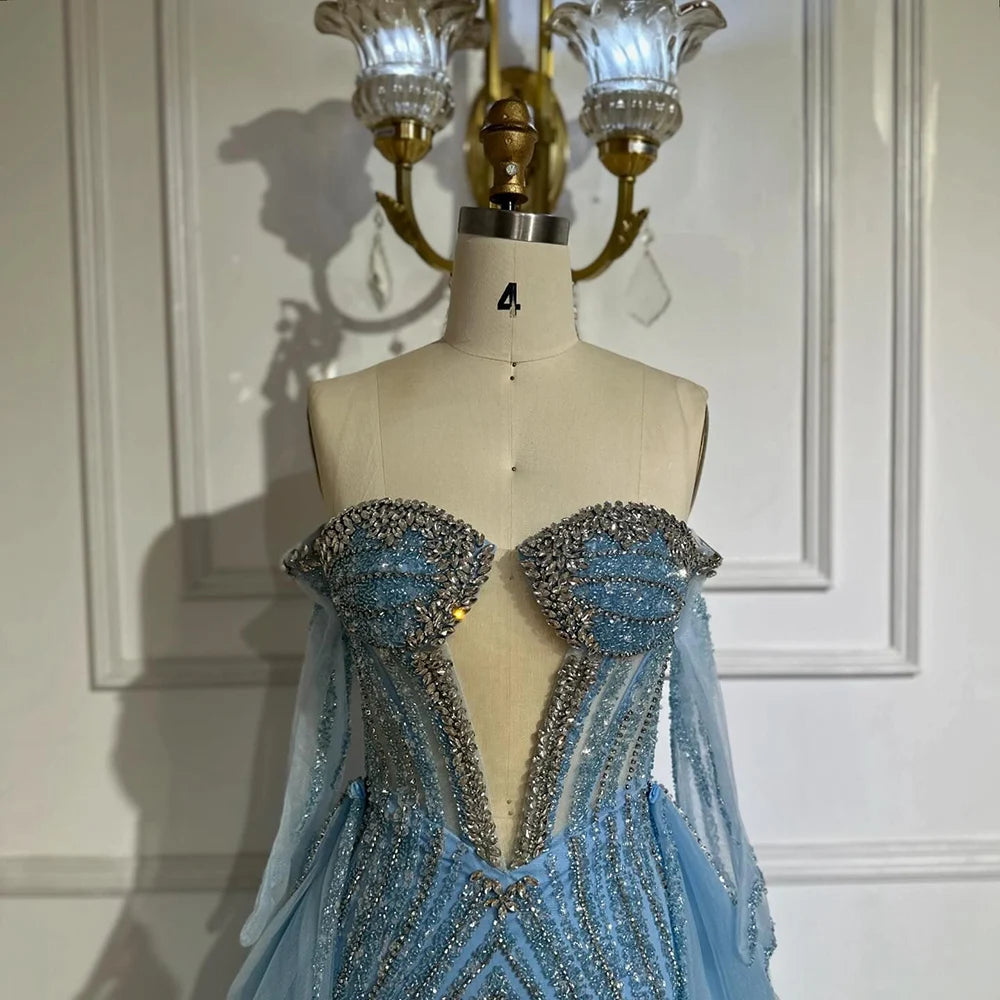 Luxury Blue Mermaid Evening Dress with Gloves and Overskirt LA72582 - SERENE HILL