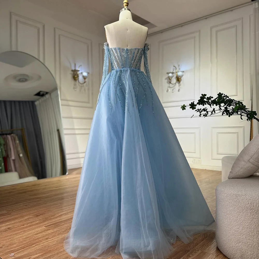 Luxury Blue Mermaid Evening Dress with Gloves and Overskirt LA72582 - SERENE HILL