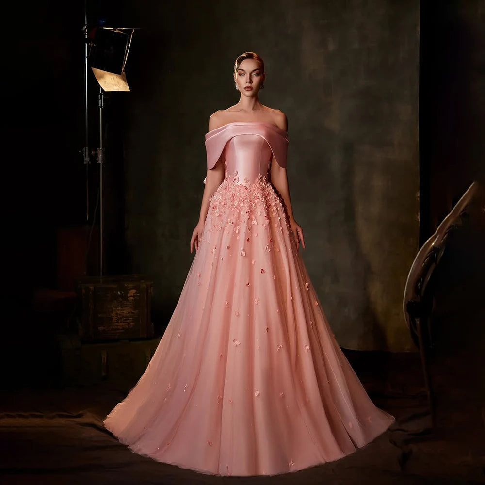 Arabia Peach Off the Shoulder A Line Satin Appliques Evening Dress Gown LA72830 - SERENE HILL