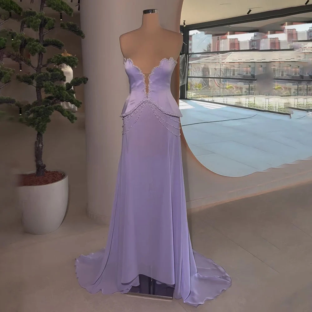 Luxury Dubai Arabic Lilac Beaded Mermaid Satin Evening Dresses Gowns for Formal Occasion LA72808 - SERENE HILL