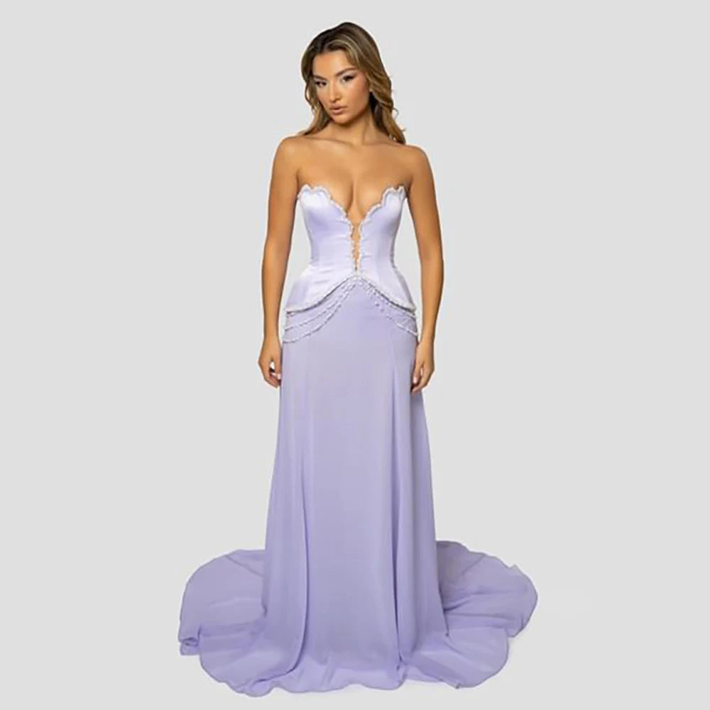Luxury Dubai Arabic Lilac Beaded Mermaid Satin Evening Dresses Gowns for Formal Occasion LA72808 - SERENE HILL