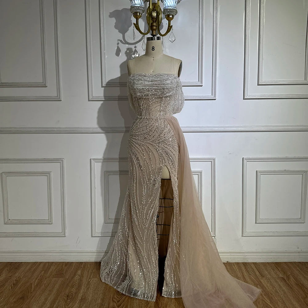 White Arabic Nude Beaded High Split Mermaid Evening Dresses Gowns For Women Wedding Party LA72266B - SERENE HILL