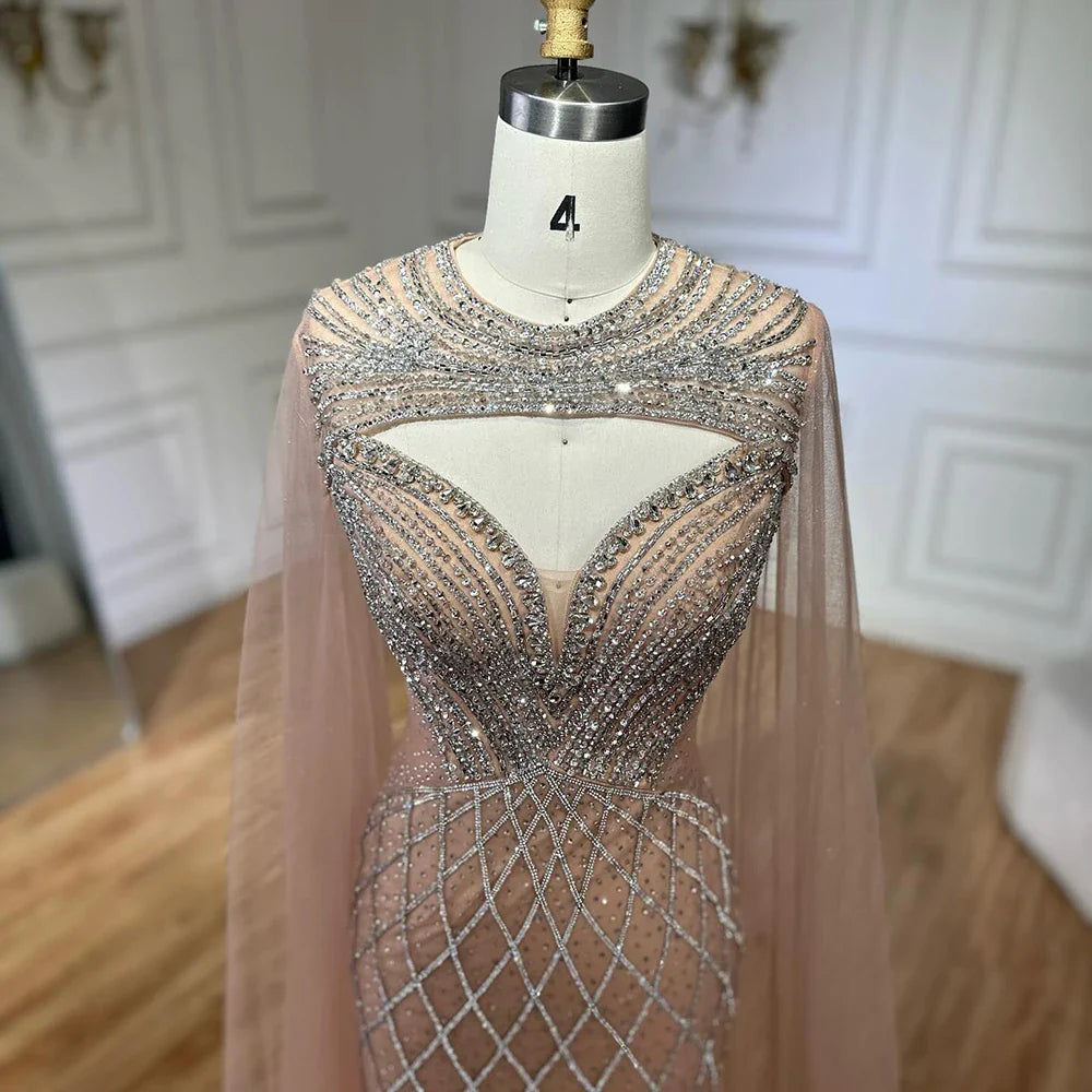 Nude Arabic Beaded Evening Dress Gown with Cape Sleeves LA72814 - SERENE HILL