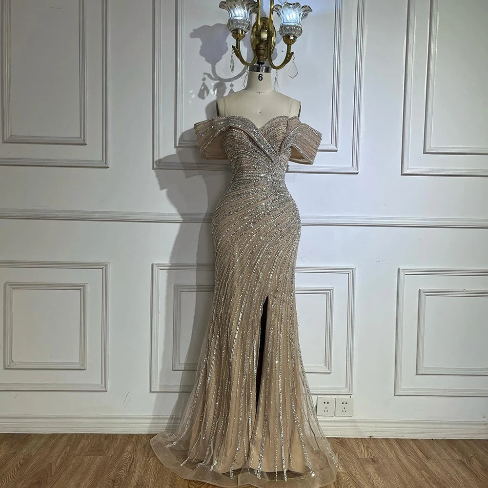Luxury Dubai Arabic Silver Nude Mermaid Beaded Evening Dress with Split for Formal Occasion Saudi LA72481A - SERENE HILL