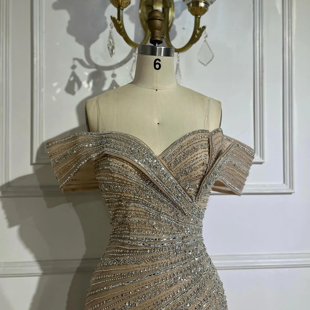 Luxury Dubai Arabic Silver Nude Mermaid Beaded Evening Dress with Split for Formal Occasion Saudi LA72481A - SERENE HILL