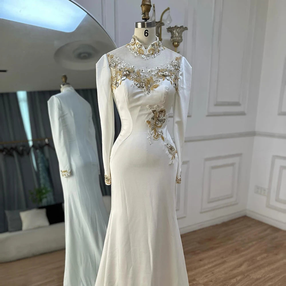 Luxury Dubai Arabic White Beaded Satin Saudi Mermaid Evening Dresses Gowns for Formal Occasion LA72815 - SERENE HILL