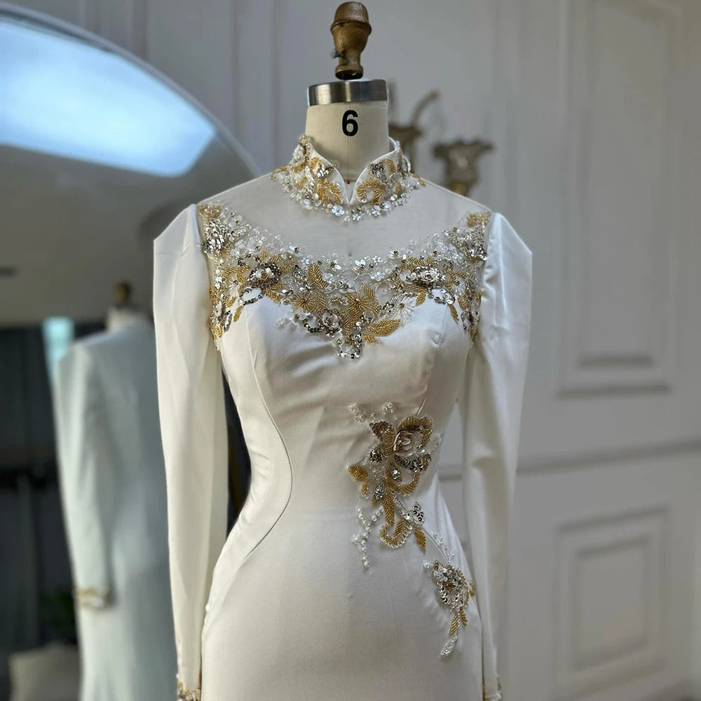 Luxury Dubai Arabic White Beaded Satin Saudi Mermaid Evening Dresses Gowns for Formal Occasion LA72815 - SERENE HILL
