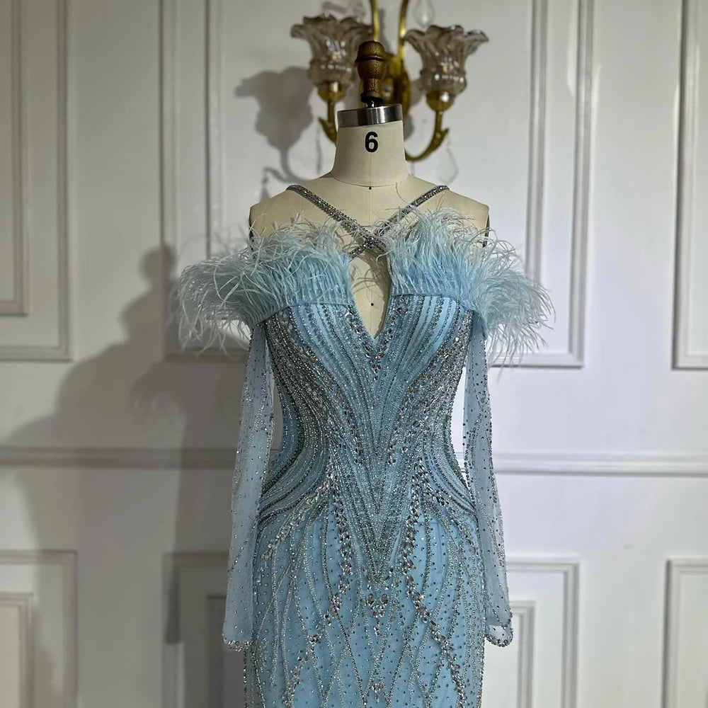 Luxury Dubai Blue Feather Beaded Luxury Mermaid Evening Dresses Gowns for Women Formal Occasion LA72836 - SERENE HILL