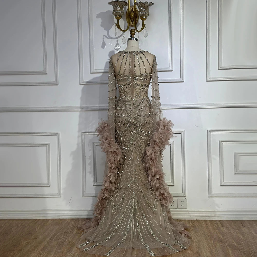 Luxury Modest Pink Feathers Long Cape Sleeves Mermaid Evening Dress LA72708A - SERENE HILL