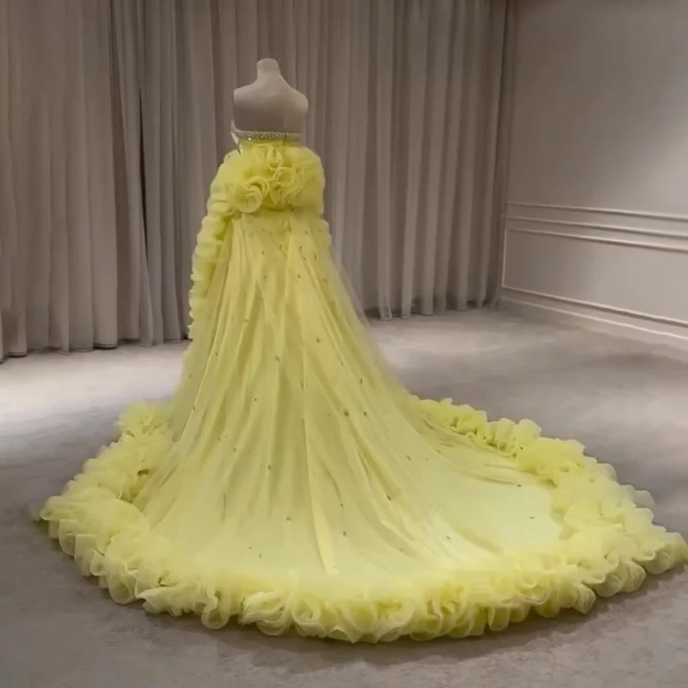 Luxury Dubai Evening Gown for Formal Occasion Elegant Yellow Dress with Ruffles and Beaded Details LA72889 - SERENE HILL