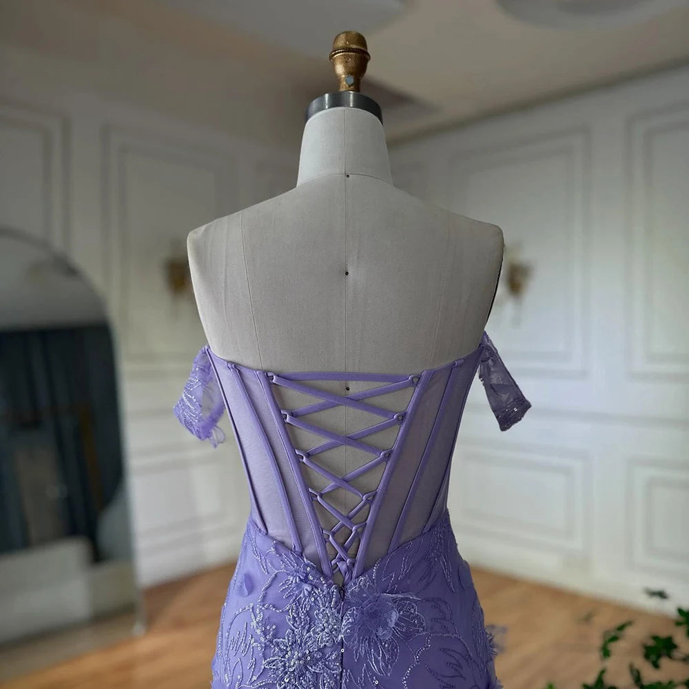 Lilac Off Shoulder Beaded High Slit Tulle Gown LA72874 - SERENE HILL