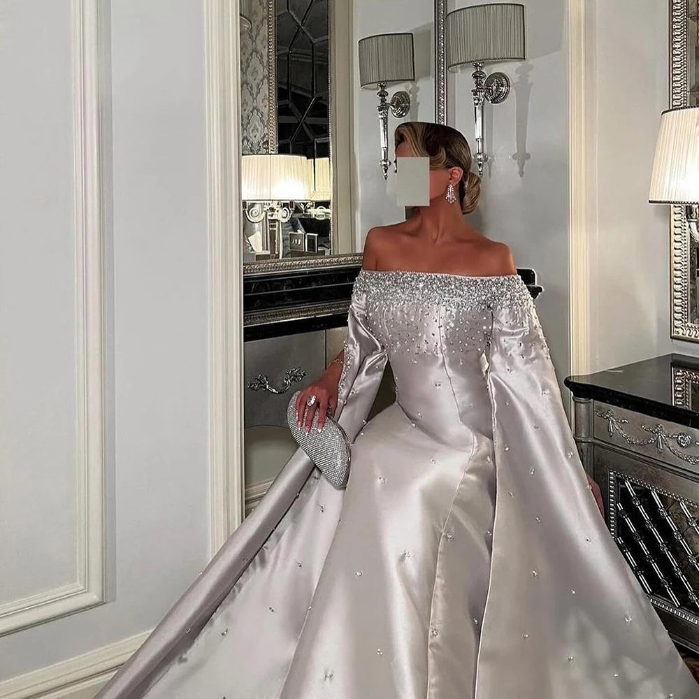 Luxury Dubai Luxury Off Shoulder A Line Gray Satin Evening Gown Pearl Beaded for Formal Occasion LA72779 - SERENE HILL