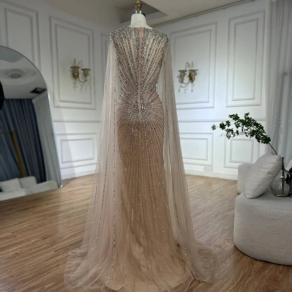 Dubai Luxury Nude Cape Sleeves Beaded Evening Dress LA72575A - SERENE HILL