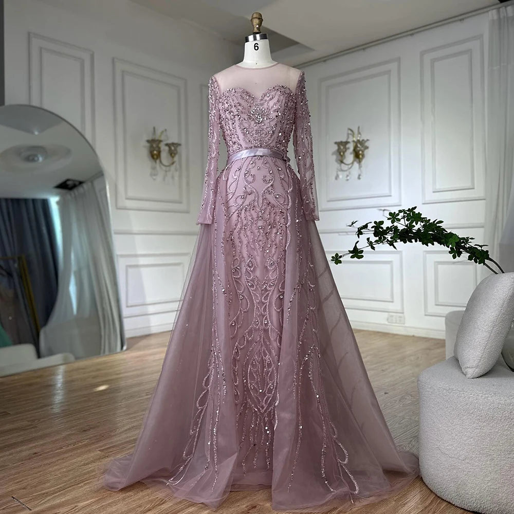 Luxury Dubai Pink Beaded Saudi Arabic Mermaid Evening Gown with Sheer Long Sleeves for Formal Occasion LA72875 - SERENE HILL